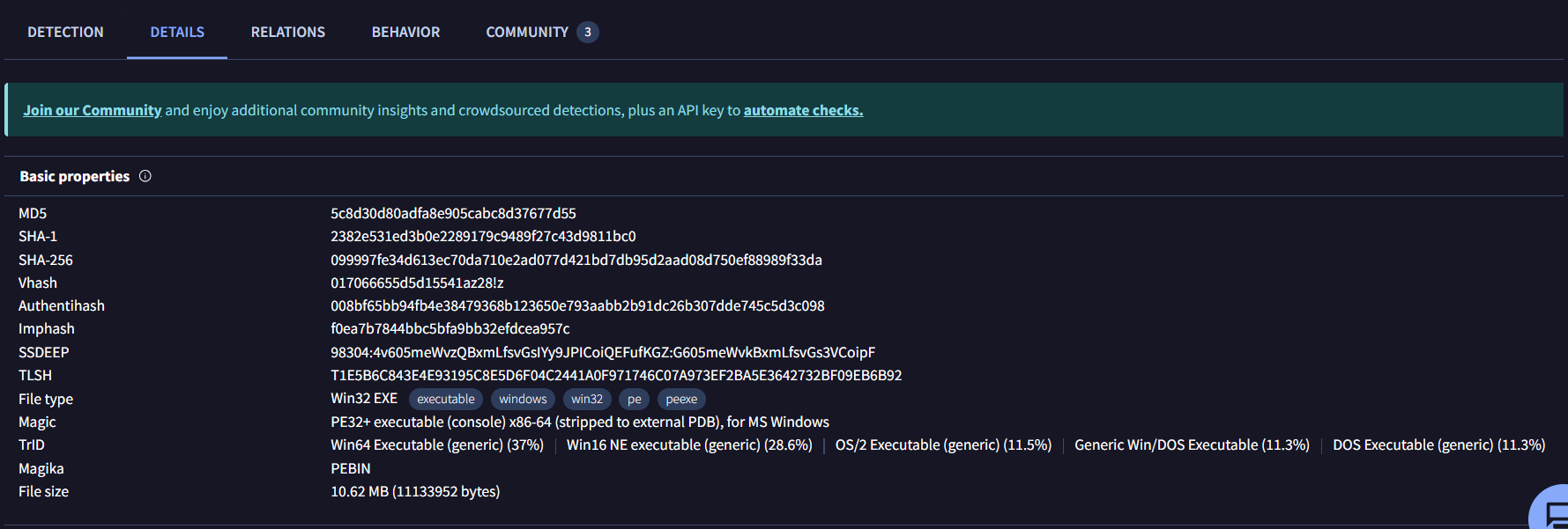 VirusTotal Details tab for VCboEJ.exe showing: MD5: 5c8d30d80adfa8e905cabc8d37677d55, SHA-1: 2382e531ed3b0e2289179c9489f27c43d9811bc0, SHA-256: 099997fe34d613ec70da710e2ad077d421bd7db95d2aad08d750ef88989f33da, File type: Win32 EXE (PE32+ console x86-64), Magic: PE32+ executable stripped to external PDB for MS Windows, File size: 10.62 MB (11133952 bytes).